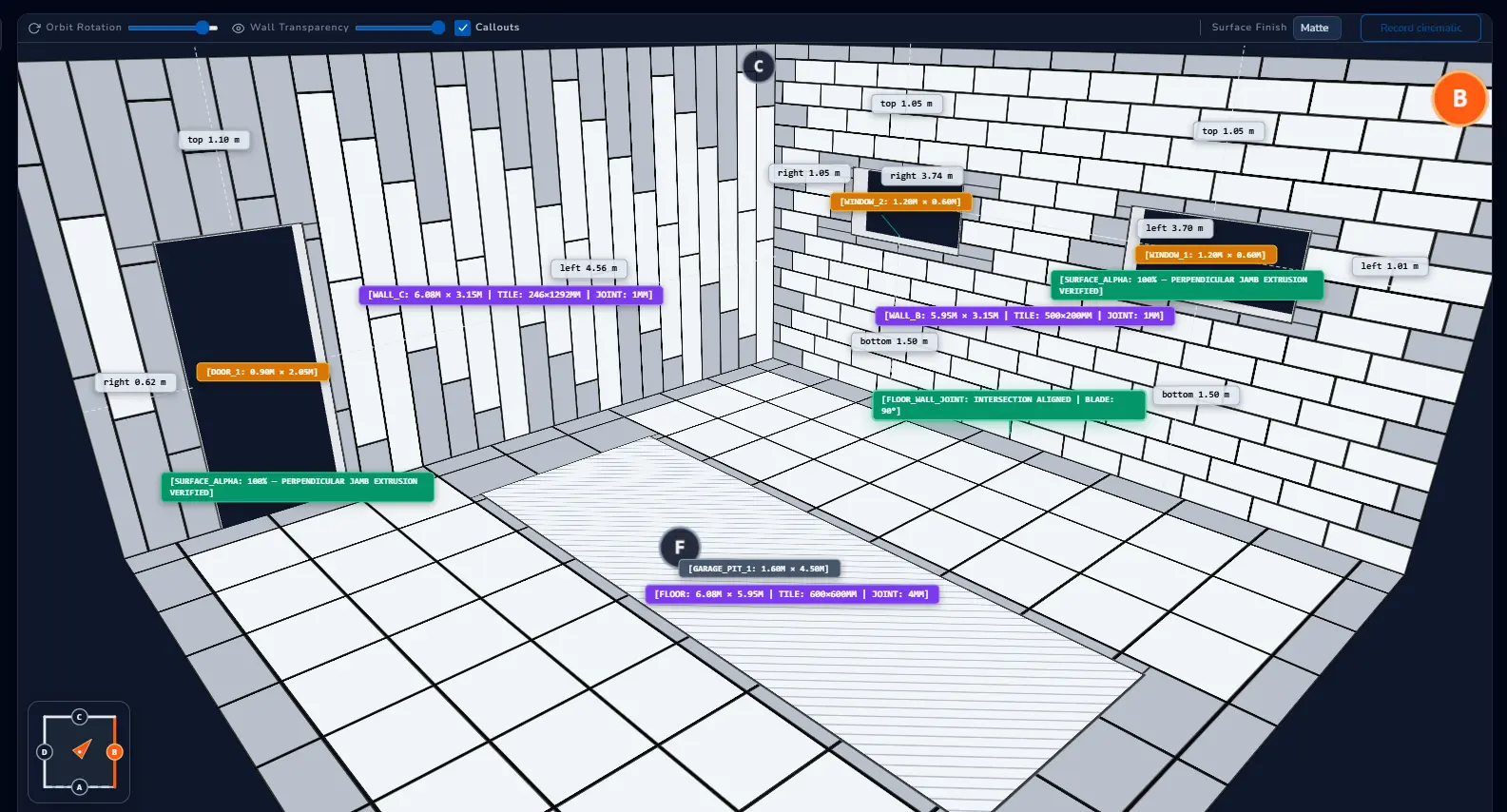 Scalarcut 3D tile layout planner with material panel and measurement callouts